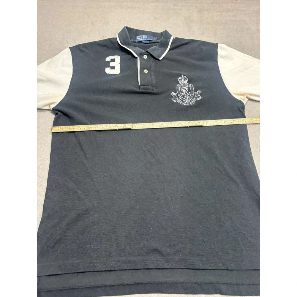 VTG Polo Ralph Lauren Mens Large Black Cream Colorblock Crest Polo Shirt 3 Patch